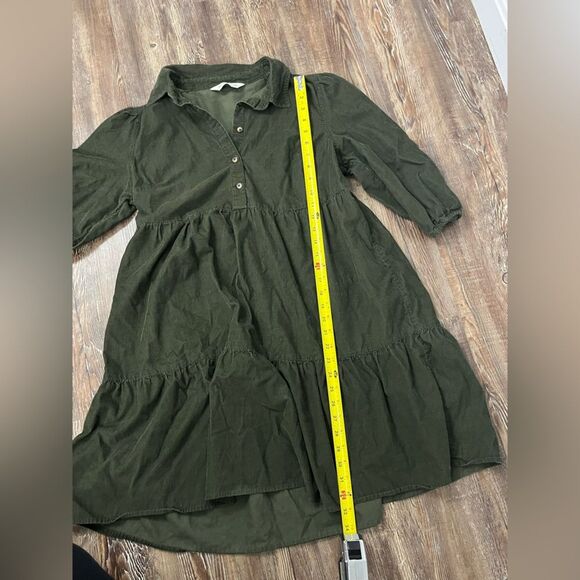 F&F Corduroy Olive Green Tiered Cotton Mini Dress Button Front Size 10 - Picture 7 of 9